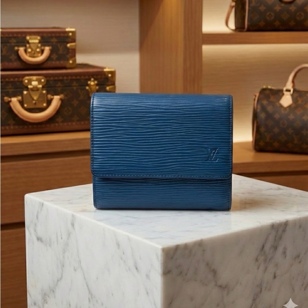 Louis Vuitton Epi Porte Feiulle Elise Leather Trifold Wallet Blue COA